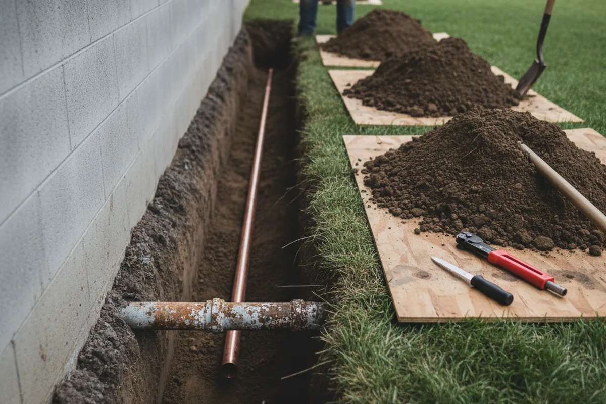 Excavated water line trench during Water Softener Installation in Duarte